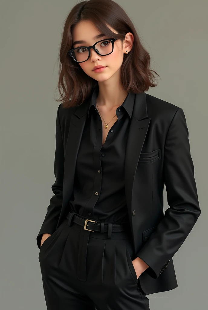 A brown-haired teenager wearing a black suit like a jacket and black pants with glasses.