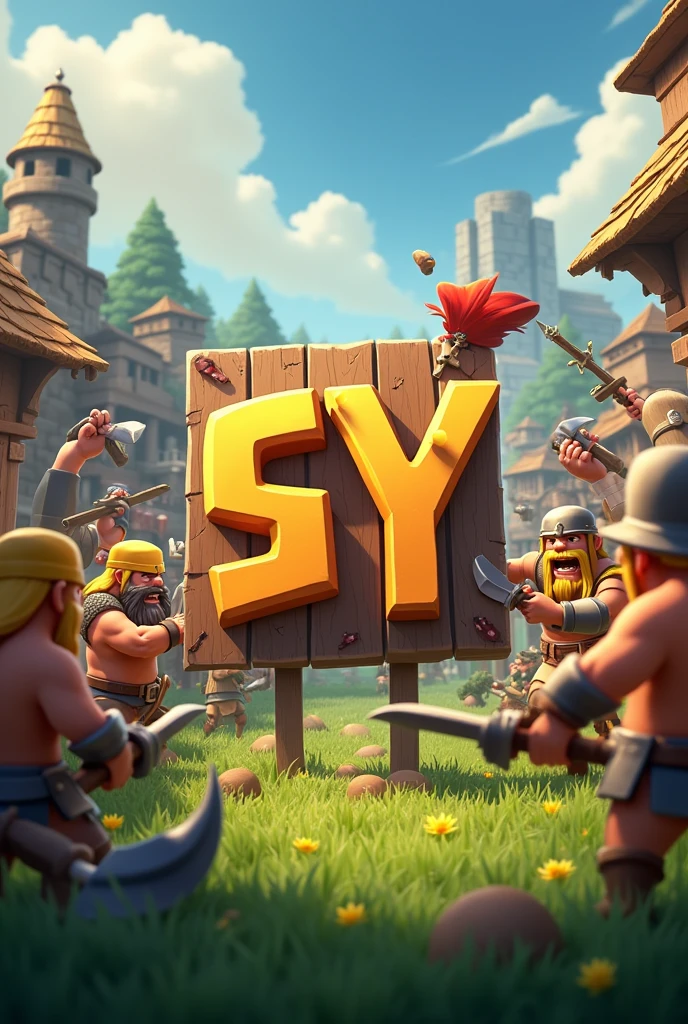 Scene from the clash of clans game and a sign comes out saying SY with letters from the game