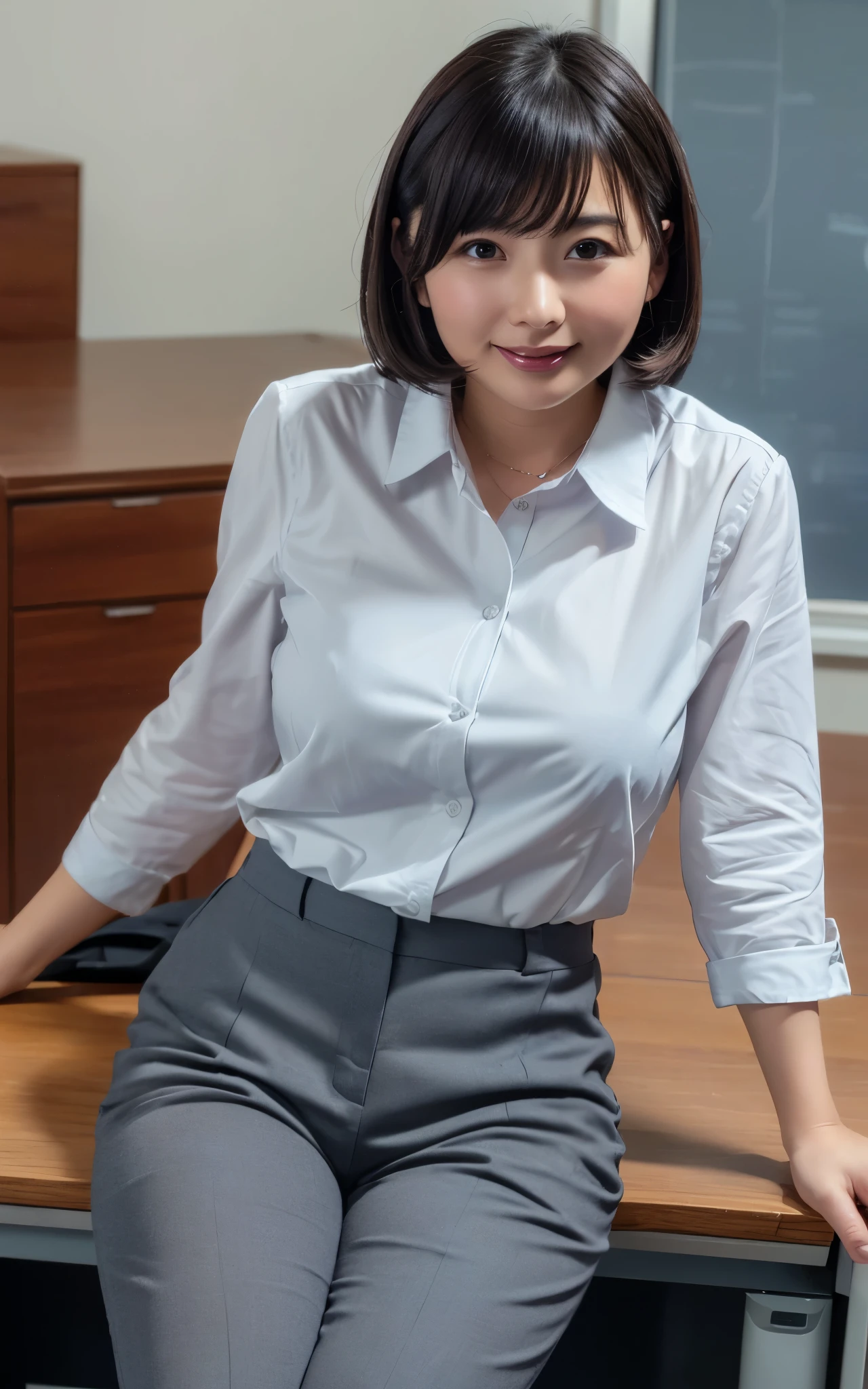((Best Quality, 8k, Masterpiecedetails, ultra-high resolution)), (looking at the viewer), (full shot:), attractive business 1 milf stting down on office, desk, a bit chubby:0.25, white collared shirt, grey long pants, (laying down on office desks)), smile, office of CEO,