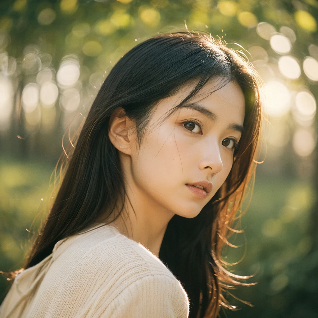 A hyper-realistic image of a single Japanese woman in her early 20s, captured with the nostalgic warmth and subtle graininess of a film camera. Her skin has a warm beige tone with a natural, slightly rough texture that includes visible pores, fine lines, and subtle imperfections such as small blemishes, adding to the authenticity of her appearance. The soft, diffused natural light enhances the film-like quality, casting gentle shadows that create a timeless, organic feel. Her straight, glossy black hair frames her face in a natural, slightly tousled manner, and her deep brown eyes reflect the ambient light, adding depth and emotion. The film camera effect introduces a slight grain and a softer focus, giving the image a warm, nostalgic atmosphere while maintaining the realistic texture of her skin. She is dressed simply, in a way that complements her natural beauty, with the overall composition designed to evoke a sense of genuine, understated elegance. The use of natural light, combined with the deliberately rougher texture of her skin and the film-like qualities, ensures that this image captures the imperfections that make her beauty truly lifelike, focusing solely on this one individual.