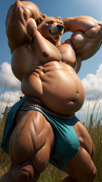 Bear beastman male。
Big muscles。Big Belly。thick limbs。
Loincloth。bulge。Upper body naked。
grassland。sweating。Realistic。Low - Angle。