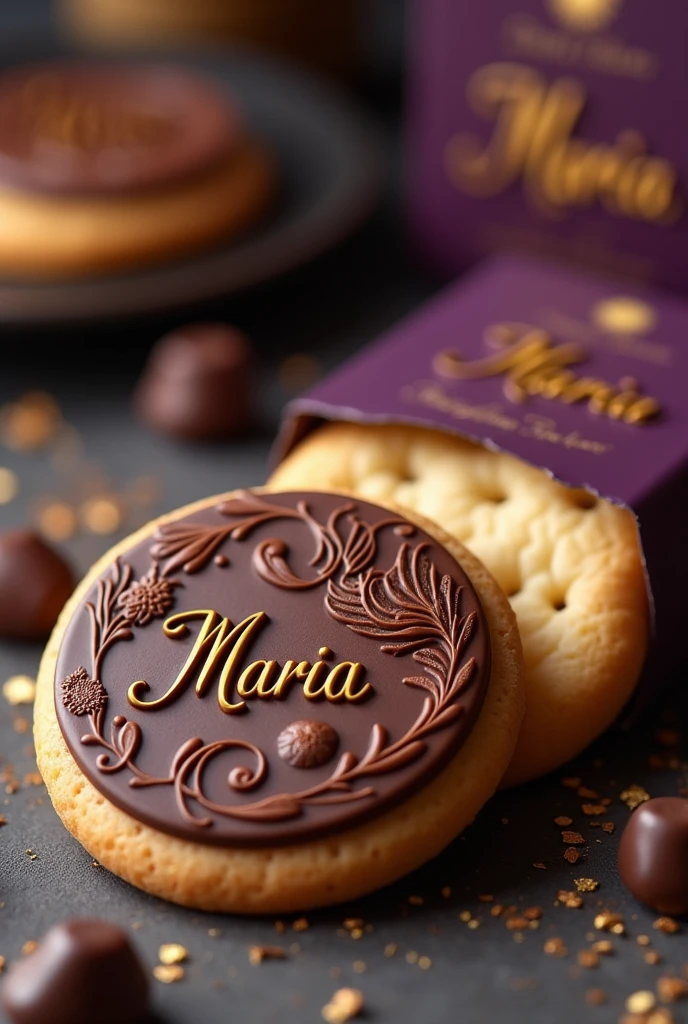 A thin round cookie on top has a layer of embossed chocolate. The chocolate has drawings and some letters that say Maria. Next to the cookie there is a square purple and gold package. The package says Maria in gold letters. 
