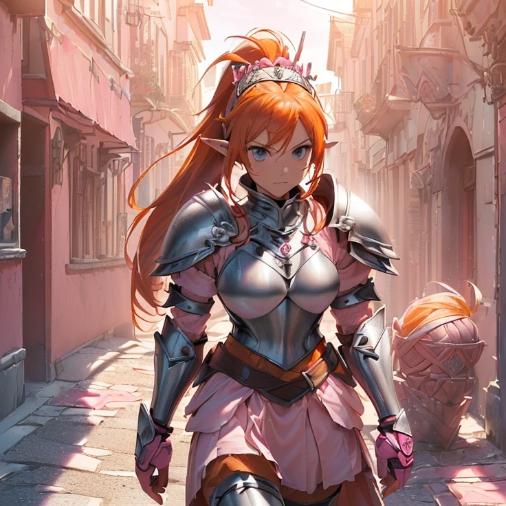 (masterpiece), (best quality), (detailed character and features), (HD), (high resolution), (solo, alone character), (fantasy), (simple background), (anime)
{{(1character:(20 years old(orange-red haired)Elf-Girl(pink-armor-knight)):((reddish-orange hair tied in a left ponytail with two white flowers),(beautiful light-blue eyes),(orange-reddish eyebrows),(serious and imponent),(closed mouth), (white flower at side of hair over the left ponytail),(body full covered and armored in full knight pink armor)),((full Pink knight armor:(pink pink steel full knight cuirass),(pink pink gauntlets),(pink pink steel pink knight skirt),(pink pink steel belly pink armor),(pink shoulder pink armor pink plates),(pink steel pink armor pink long pink boots),(pink steel pink armor pink knee-plates),(pink steel pink elbow pink plates),(silver tiara up her head around the hair)),((holding with her left hand a long steel silver spear)),((Background:(viking styled city street),(sunny morning),(stone viking houses around the streets)))}}