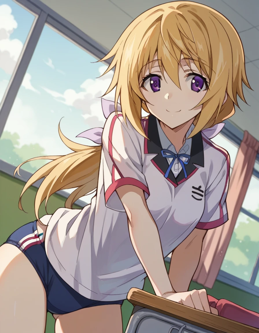 score_9, score_8_up, score_7_up, source_anime,
charlottedunois, charlotte dunois, long hair, blonde hair, ribbon, purple eyes, ponytail, hair ribbon,
nsfw,(school gym buruma)
indoors, classroom, bent over, smile,
looking at viewer, cowboy shot, solo, dutch angle,