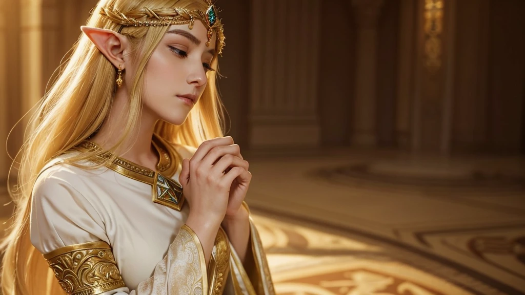 Eyes close completely"Princess Zelda from The Legend of Zelda is depicted in a moment of deep prayer, kneeling gracefully on the ground. She rests both knees on the floor, her posture elegant yet humble. Zelda's hands are clasped tightly in front of her chest, fingers intertwined as if holding on to a deep resolve or hope. Her long, golden hair flows softly over her shoulders, partially covering her royal gown, which pools around her on the floor. The gown’s intricate golden embroidery catches the light, adding a touch of radiance to the otherwise solemn scene. Zelda's eyes are gently closed, her expression serene but focused, with a sense of urgency and devotion. Her face, framed by her delicate tiara, reflects a quiet strength as she silently offers her prayers. The atmosphere is one of profound reverence, as if she is drawing on her inner power and wisdom to protect those she cares for."