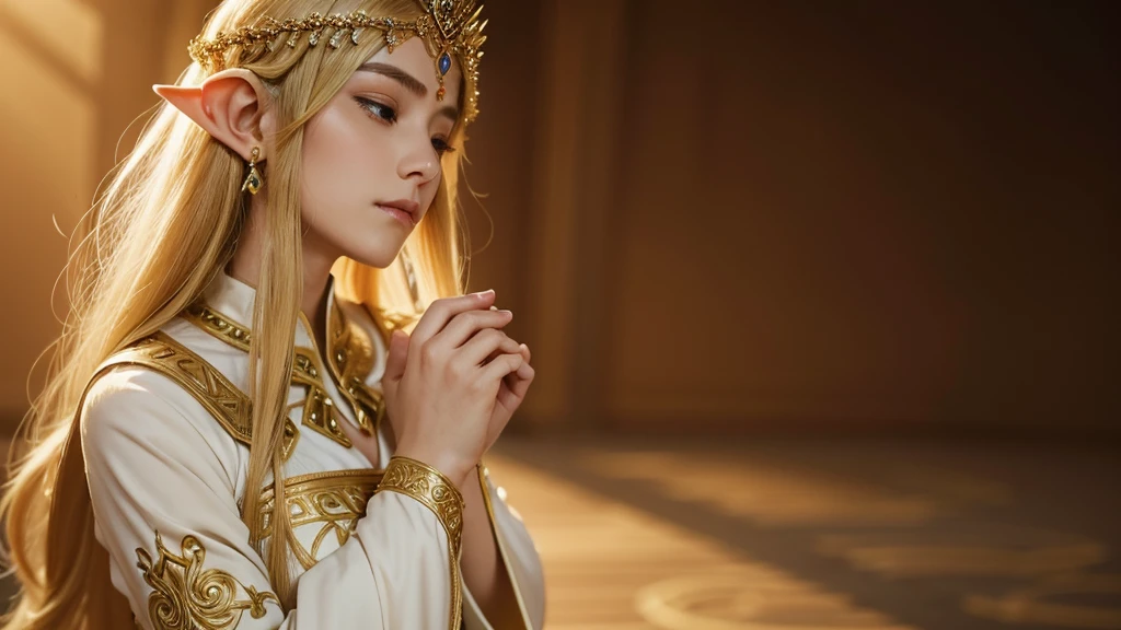 Eyes close completely"Princess Zelda from The Legend of Zelda is depicted in a moment of deep prayer, kneeling gracefully on the ground. She rests both knees on the floor, her posture elegant yet humble. Zelda's hands are clasped tightly in front of her chest, fingers intertwined as if holding on to a deep resolve or hope. Her long, golden hair flows softly over her shoulders, partially covering her royal gown, which pools around her on the floor. The gown’s intricate golden embroidery catches the light, adding a touch of radiance to the otherwise solemn scene. Zelda's eyes are gently closed, her expression serene but focused, with a sense of urgency and devotion. Her face, framed by her delicate tiara, reflects a quiet strength as she silently offers her prayers. The atmosphere is one of profound reverence, as if she is drawing on her inner power and wisdom to protect those she cares for."