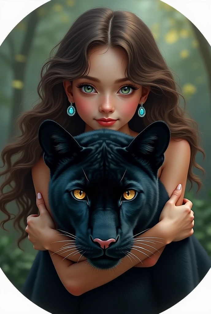A girl with wavy chocolate-colored hair and green eyes with blue gemstone earrings protecting a black panther with brown eyes Full image round 