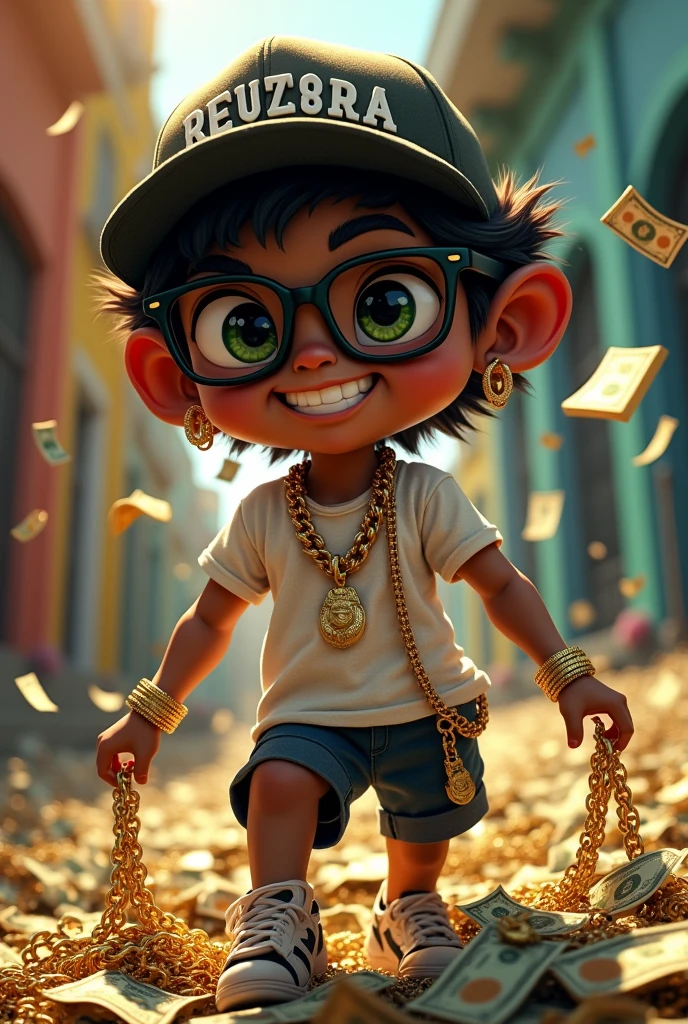 Saci perere with gold chains, money and Juliet glasses, Lacoste t-shirt and Oakley cap