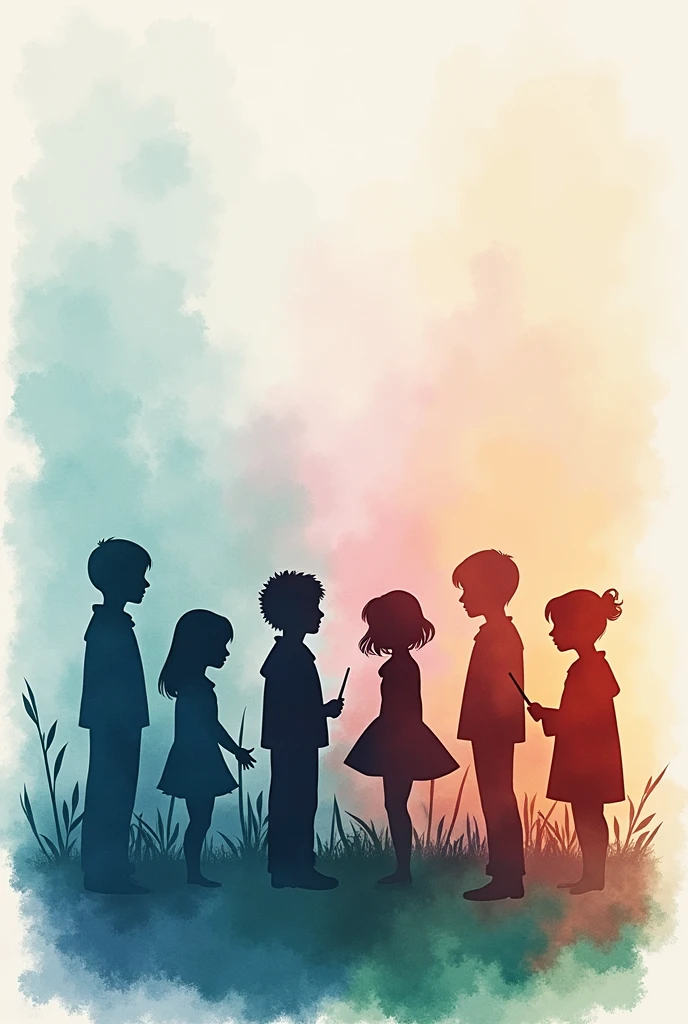 Harry Potter Characters, children drawn in silhouettes with watercolor, in pastel tones, blue, rosado, orange, green, turquoise 