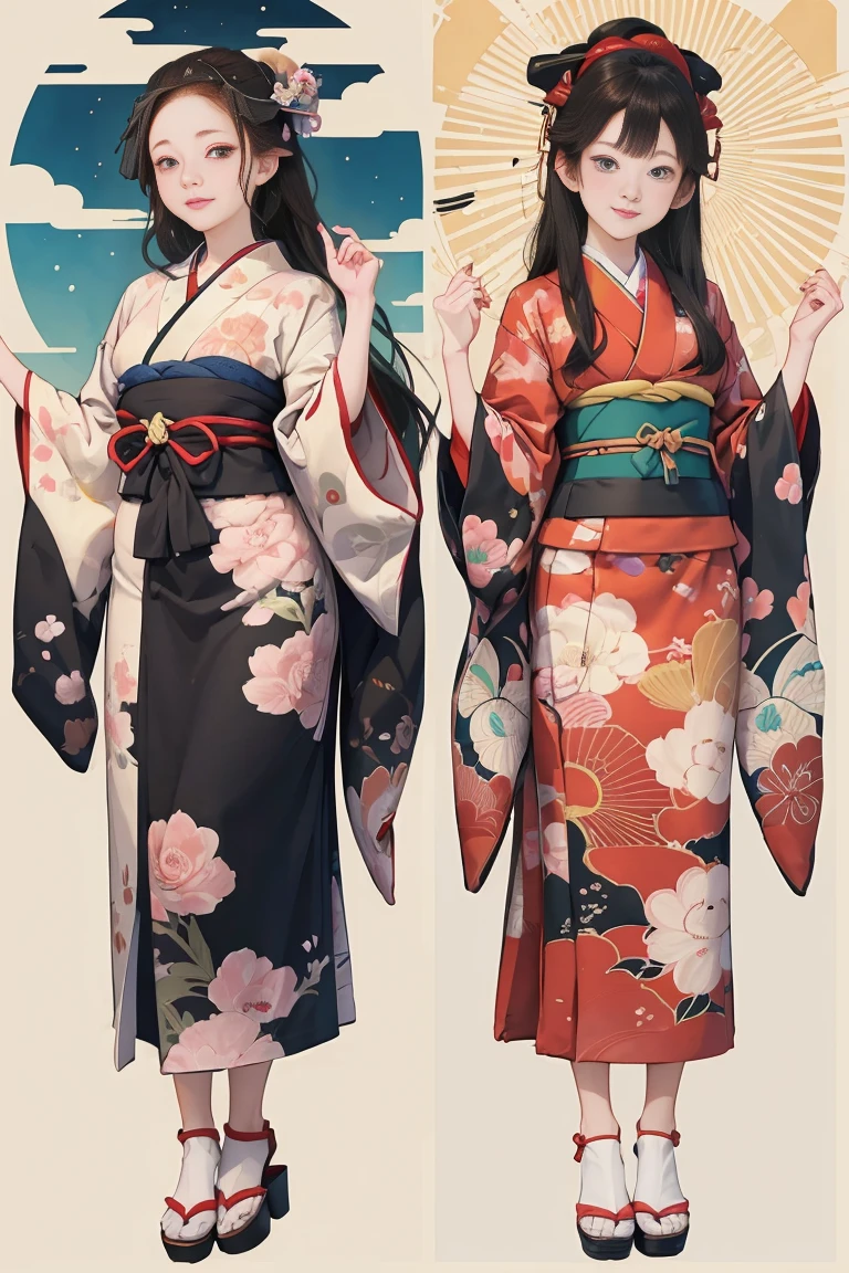 (SeaArt creates stunning illustrations of beautiful women in kimono)、Vividly colored Japanese Ukiyo-e style illustrations、A beautiful woman smiles and shows her upper white teeth、Brown-black long hair、Beautiful full body style、Let's dance a little Tokyo Ondo Yoiyoi、Beautiful new digital paintings,、Bright vibrant digital anime art、 Beautiful anime portraits、background、Torii gate of the Japan shrine、 Detailed digital anime art、