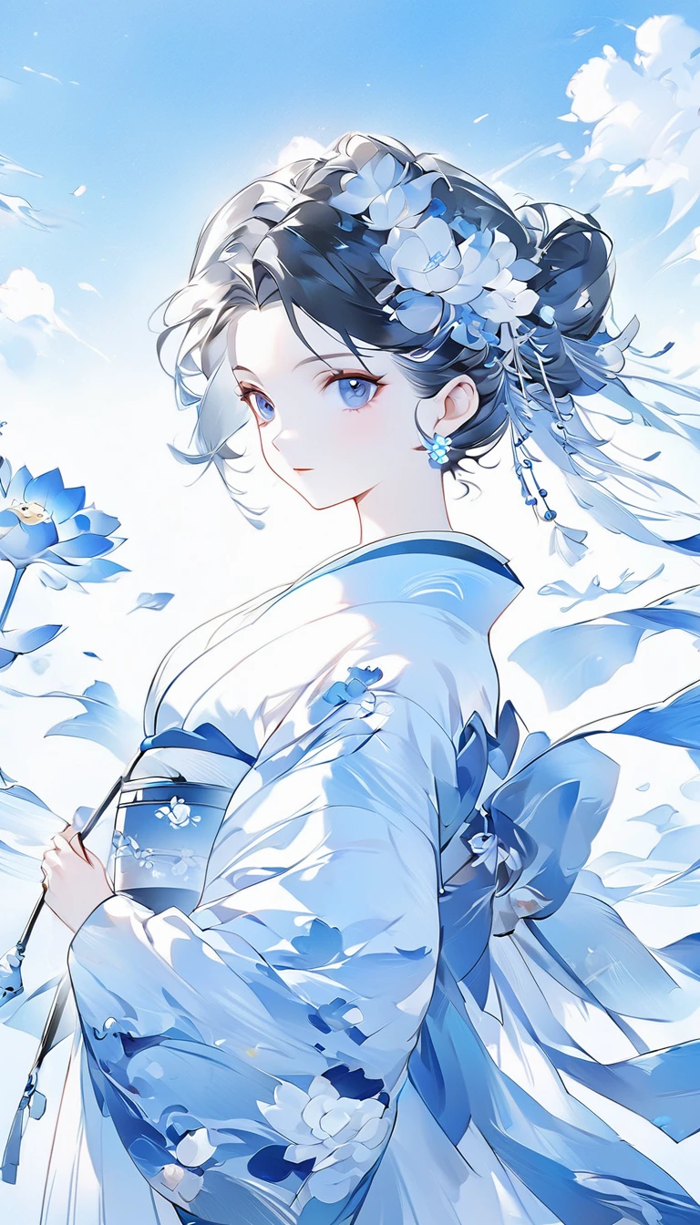 Anime girl dressed in a kimono with flowers in her hair., Guweiz, beautiful anime artwork, obra de arte al estilo de Guweiz, clean and detailed anime art, anime art wallpaper 4k, anime art wallpaper 4k, anime art wallpaper 8k, De Arknights, beautiful anime art, Guweiz