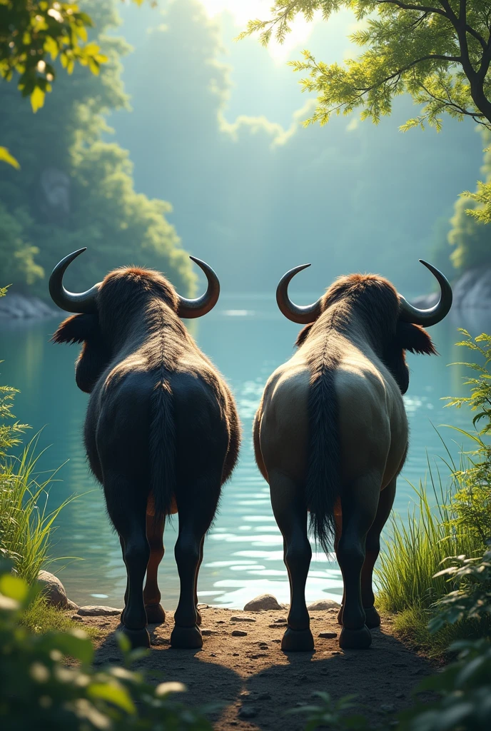"Create a detailed image of two buffaloes seen up close, with their backs to a tranquil lake. Place them in the foreground, focusing on the texture of their fur—one buffalo with dark fur and the other with lighter fur. Show the water close up by, with gentle ripples reflecting light, and include details of the surrounding vegetation, such as tall grass and nearby plants. The background should feature a dense, green forest, but with less emphasis to keep the focus on the buffaloes and the water."