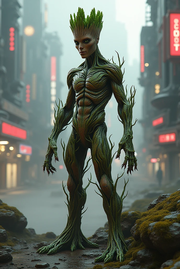 Generate like groot in marvel.
Color: green and brown
Outfit: cyberpunk