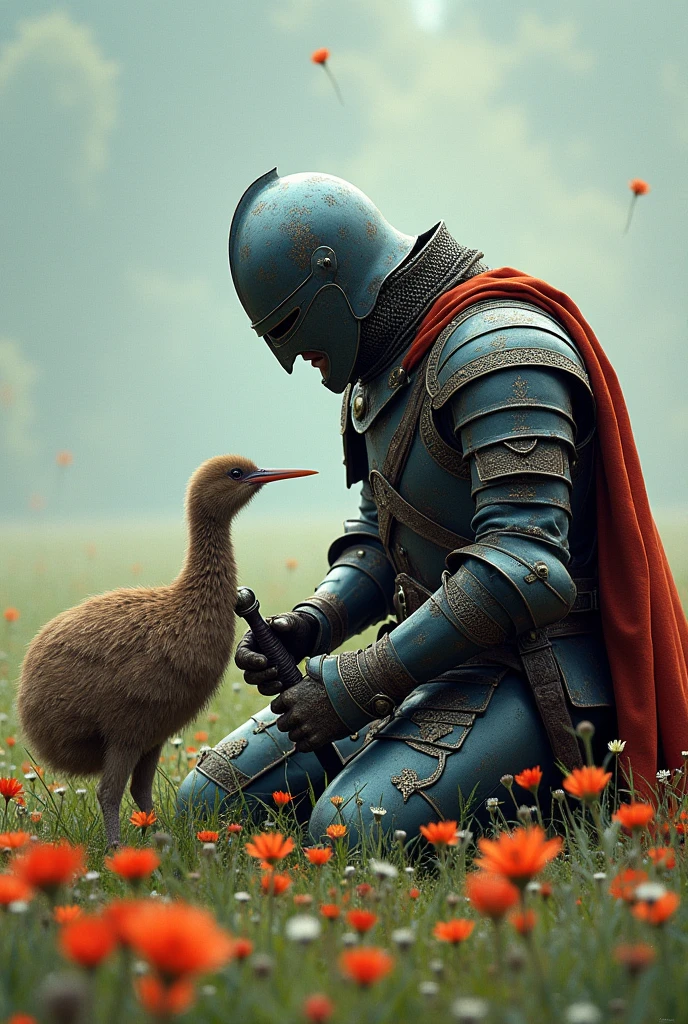 Medieval warrior with helmet covering his entire face (minute details in the armor which is of a general), on your knees and slightly crouched, leaning on his sword, watching a kiwi (the kiwi bird) and touching his head with the tips of his fingers of his left hand, that the warrior is in 3/4 in a field of flowers but in the middle of war (The image must be with a cold color palette)