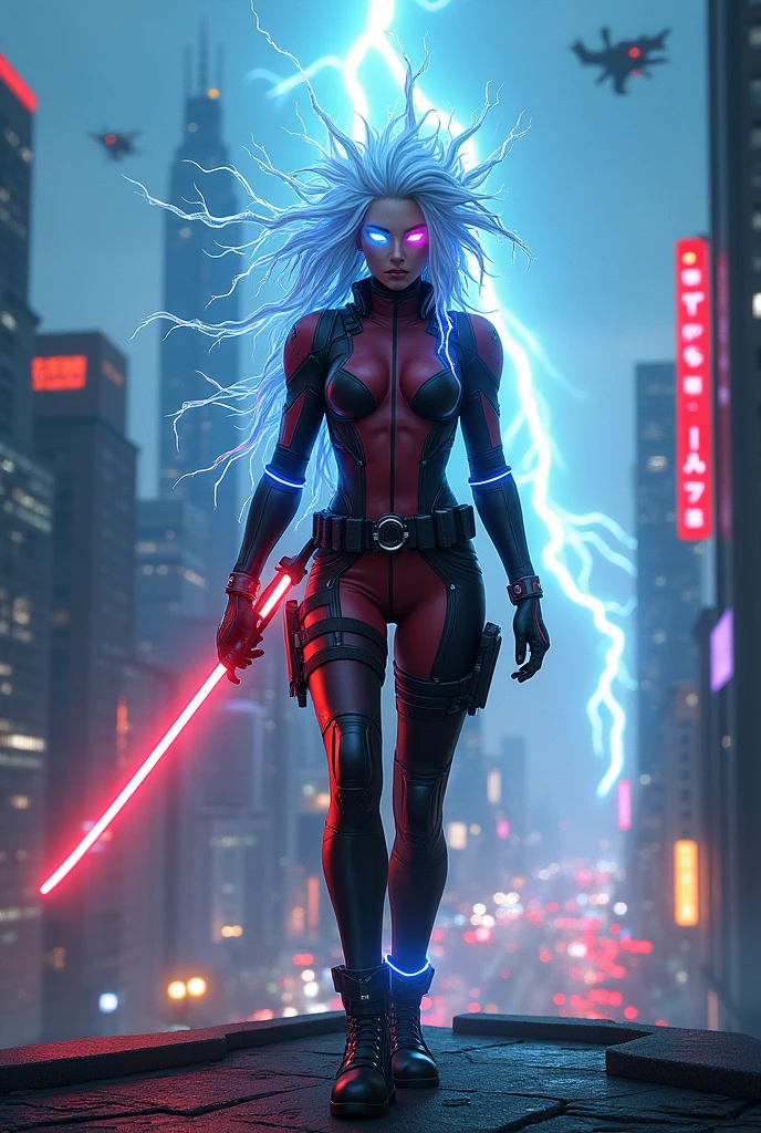 (photorealism:1.2), cyberpunk fusion of Storm and Deadpool, standing on a futuristic city rooftop. She's wearing a sleek, black and red exosuit with glowing energy conduits, holding a plasma katana. Her hair is a wild mix of white and blue lightning, and her eyes glow with different colors. The city is engulfed in a neon storm, with towering skyscrapers and flying vehicles. The image should have a strong sense of motion and energy.