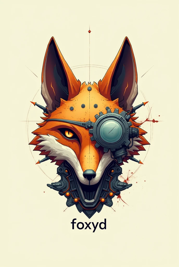 Je veux un logo simple d'une tête de renard dans un style robotique et oxydé/ rouillé avec un cache oeil sur l'oeil droit et le mot " Foxyd" quelque part sur l'image