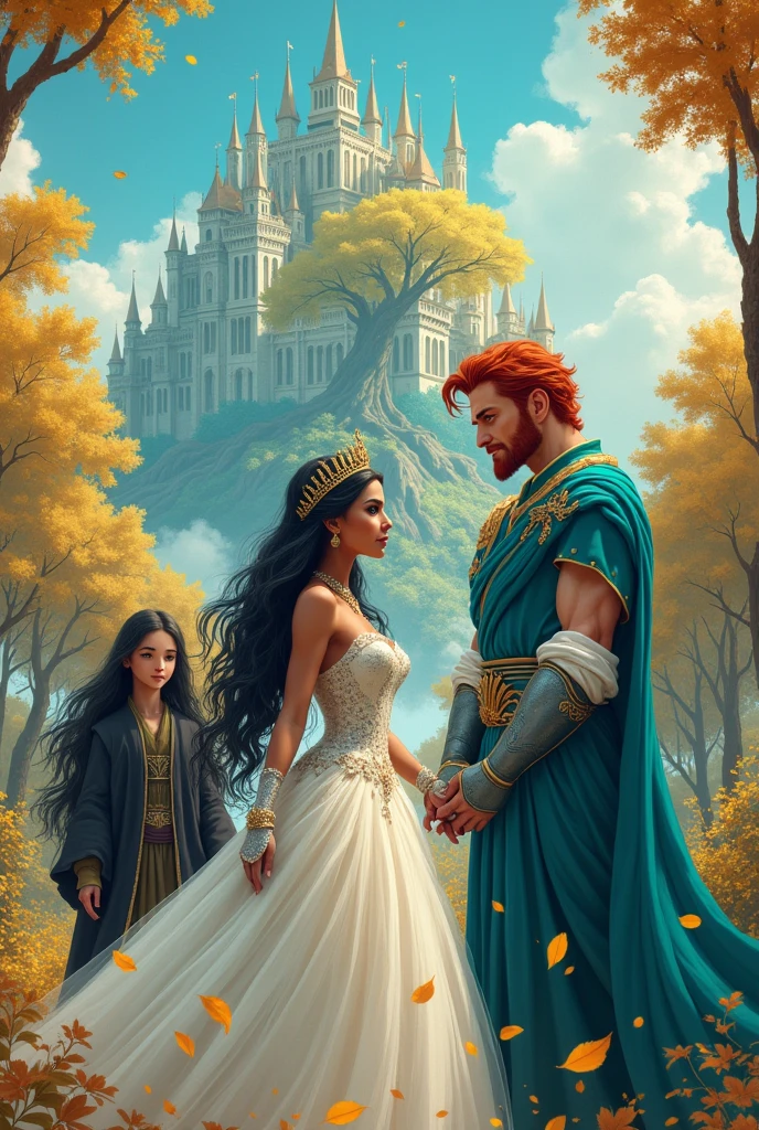 Caramel-skinned princess with long black hair and vibrant blue eyes, dressed in a wedding dress and a turquoise crown, your hands are in iron gloves. Beside her is the king with long red hair, orange eyes and muscular. He wears a turquoise colored outfit. On the other side of her is a prince with long black hair., wearing black robes and smiling mischievously at the princess. In the background is a huge palace the color of turquoise and golden leaves fall from the clear blue sky. Both men hold their hands. There is a forest in the background with a huge golden tree shining. Realistic illustration like fairy tales.