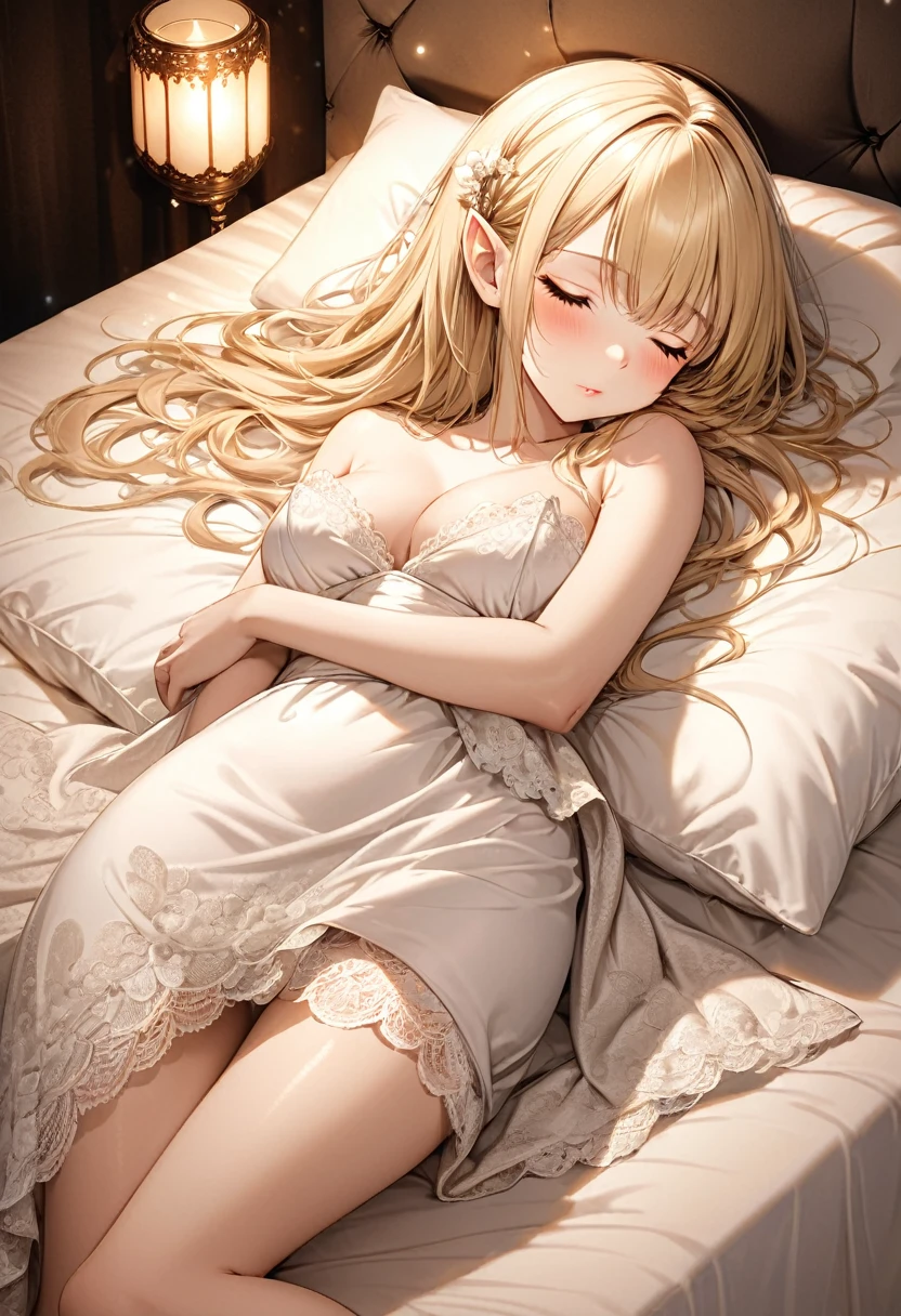 best quality, high-res, ultra-detailed), beautiful woman, detailed face, detailed eyes, long sparkling dress, night background with light and flowers, neon colors, portraits, soft and warm color tones, ambient lighting, full body, flowers, lights, laying on bed