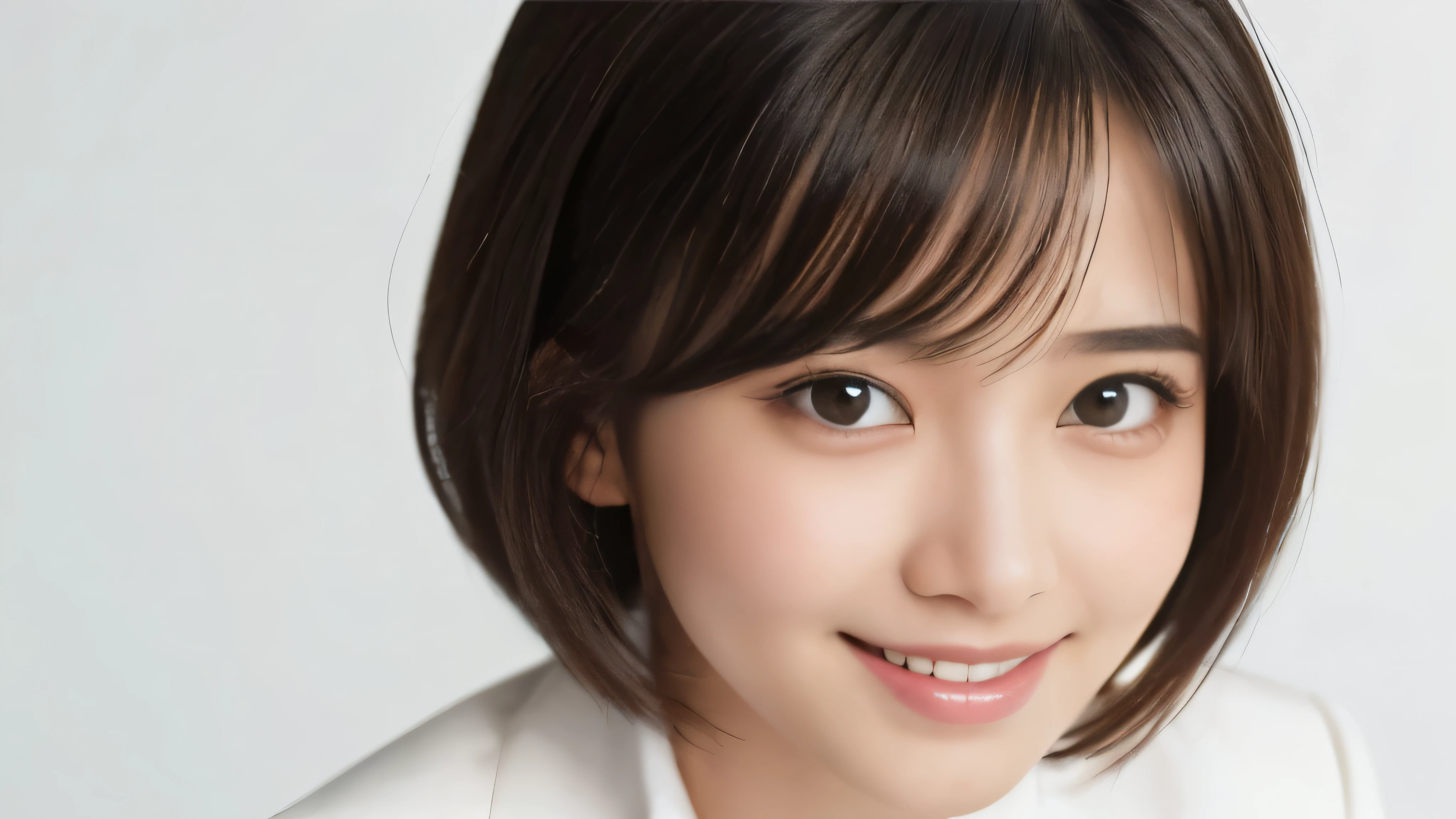 (Realistic: 1.4), (Highest quality: 1.4), (fine grain), ((White background)), ((Administrative job)), ((One Young Woman)), Black Hair, ((suit)), Big eyes, Blushed, ((smile)), Highly detailed face and skin texture, Healthy Skin, 8k resolution