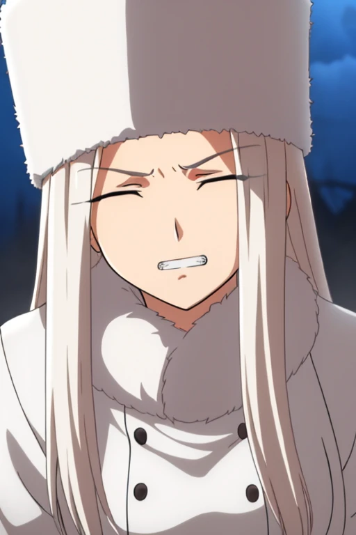 Irisviel Von Einzbern, (large breasts), oversized breasts, long hair, (platinum-blonde hair), white fur coat, white fur hat, solo, facing the viewer, looking at the viewer, angry facial expression, closed eyes, clenched teeth, (night time), (foggy weather), (snow), close-up, view from below