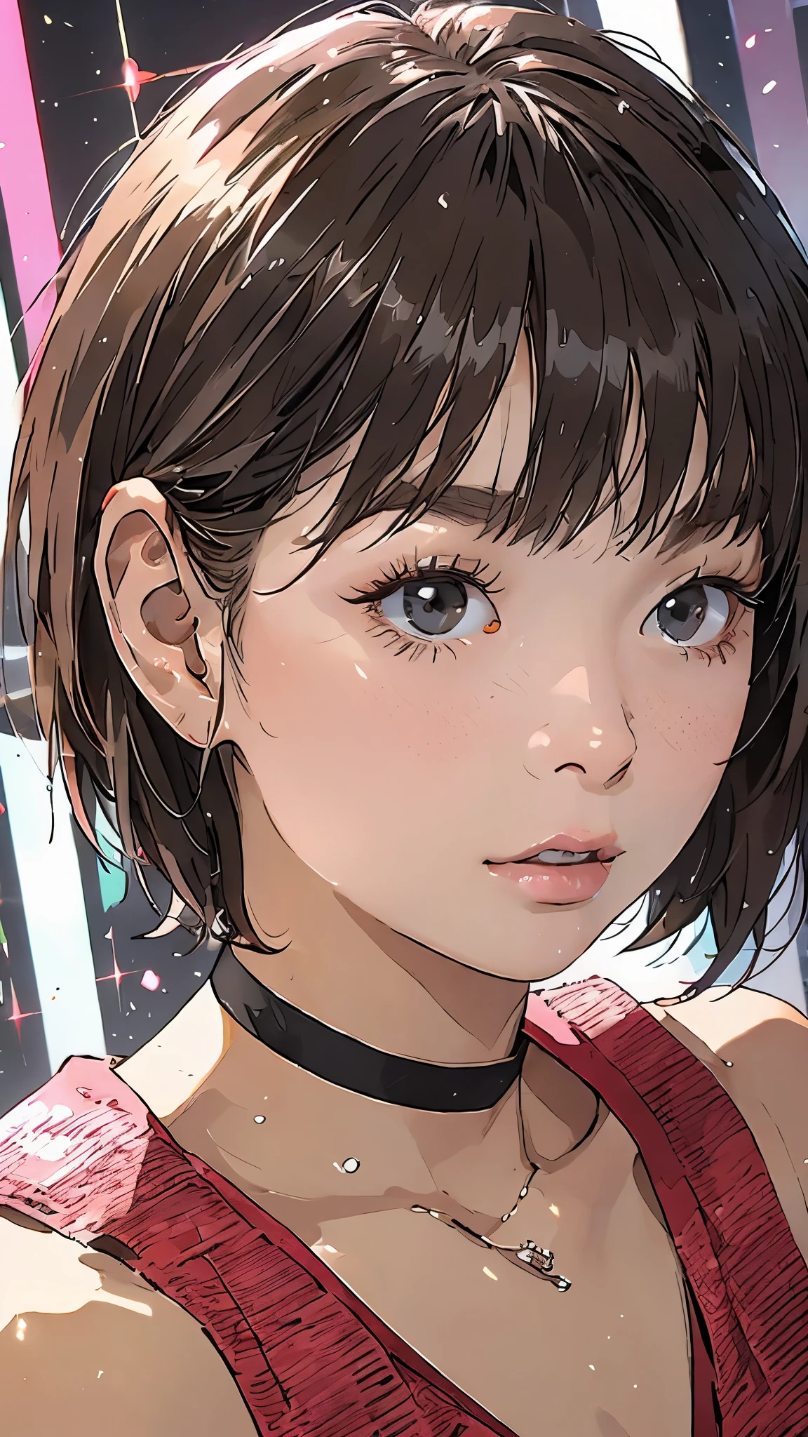 Beautiful and attractive woman、Half-body photo、Delicate and sexy collarbone、Attractive oval face、double eyelid、bright peach-colored eyes、Pink Lips、Small Nose、Concentrated face、Face close-up、Black Hair、Bobcut、Ultra-high resolution、Super detailed、Pink volleyball outfit