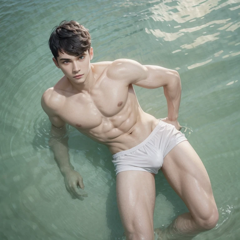 Young man, with a sleek black hairstyle, White skin, athletic body, green eyes, full body image. with short swimsuit. with bare torso. 
