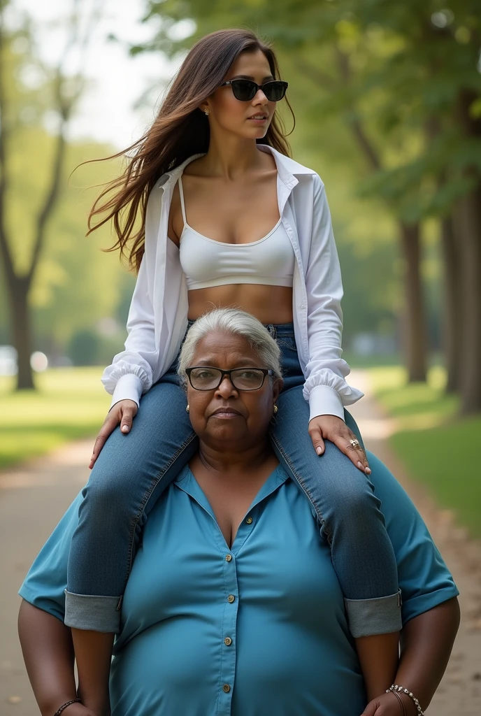 Create a photo of a 20 year old young woman, with a slender and beautiful body, wearing jeans and an open white shirt and white bra, with white and clear skin, with long brown hair and wearing sunglasses being carried on the shoulders of a 90 year old elderly lady, obese with dark black skin and wearing a blue dress and glasses