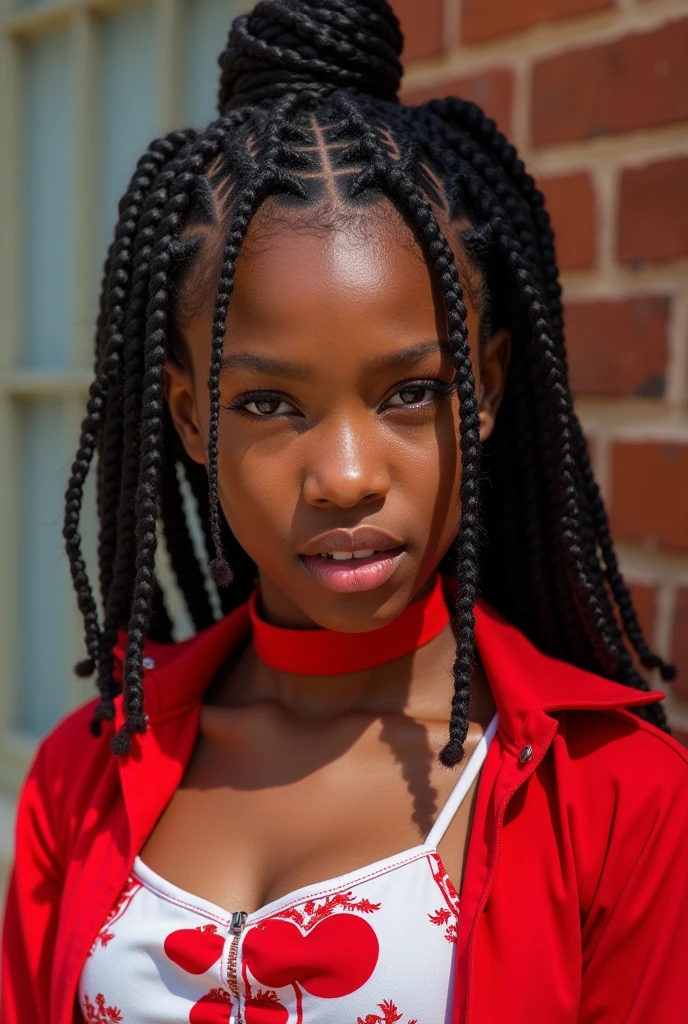 Jeune noir tresses avec un côtés animés vêtements rouge blanc 
