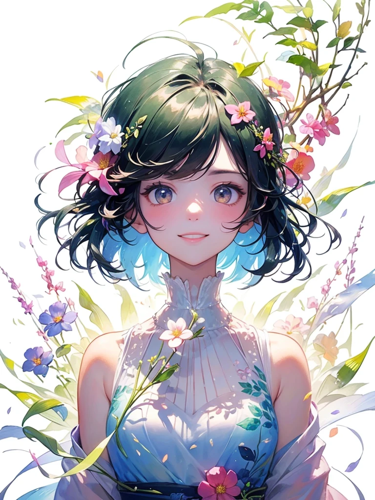 (masterpiece、Highest quality、Highest quality、Beautiful and beautiful:1.2)、Excellent anatomy、（Watercolor painting 1.5）、Long Shot、straight short hair images、Trendy Hair Color, Beautiful Face、Beautiful Smile, I stare at you shyly,A gentle gaze, Fairy, 蝶のFairyのコスチューム、Pure white、Pure、charm, Colorful flowers of different colors, Flower and leaf wind、Botanical Art,