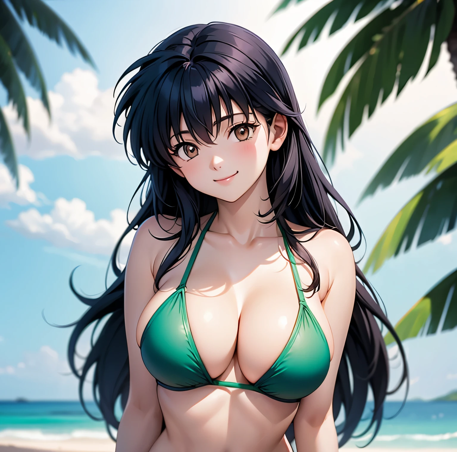 Kagome Higurashi, woman 2 black hair with blue highlights, Brown eyes, smile, large breasts, green bikini background a sunny beach.