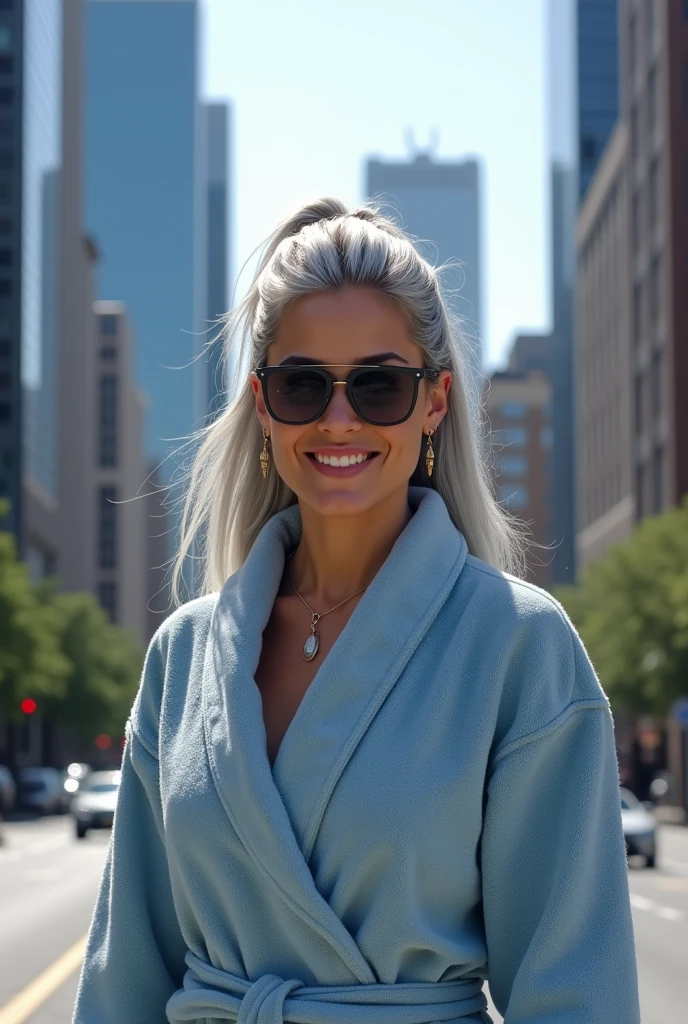 A beautiful youthful looking real life photo of a Hispanic version of Ariana Grande as a 50 years old woman with long her completely gray hair in a ponytail styles as the superhero Daisy Johnson from Agents of S.H.I.E.L.D with blue eyes wearing sunglass wearing a bathrobe in a city downtown with many skyscraper nearby she is smiling for the camera