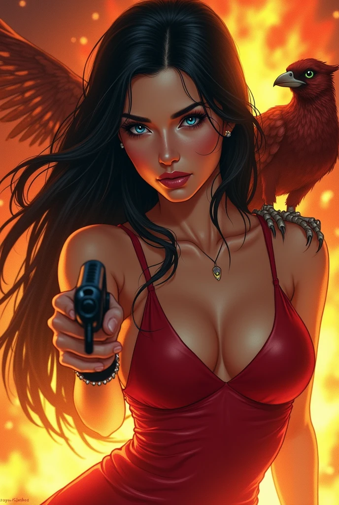 ILUSTRATION, close-up, of an extremely beautiful woman, with a deep red tight leather dress, wet hair, with very blue eyes, long jet black hair, coming out of a fire, with a phoenix on his shoulder, with a gun in his hands, very beautiful, illustration