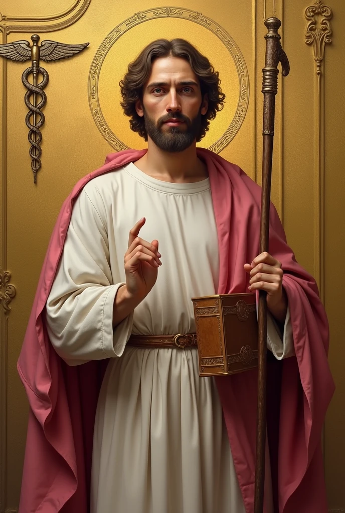 apostle saint matthew, patron of accounting, with a white tunic and a pinkish red cloak, with his book in his left hand, holding your staff, and in the background a golden wall with a symbol "caduceus painted on the side".