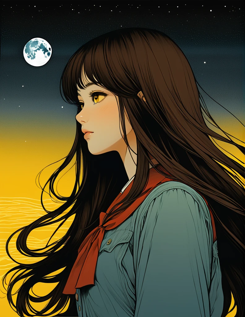 Vintage,junji ito style,sleeved,no bubbles,dark atmospher,yellow fog,inert girl,girl profile,brown eyes, fair skin,brown hair long hair,social clothes,Youngh,moonlight background,eyes in the background