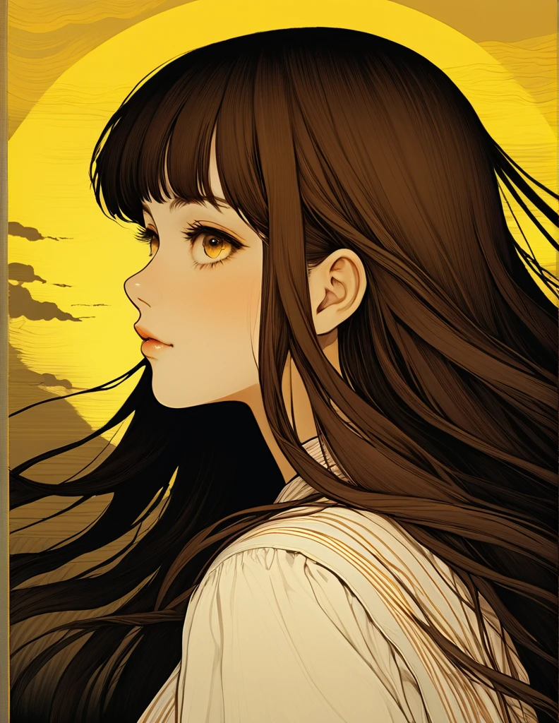 Vintage,junji ito style,sleeved,no bubbles,dark atmospher,yellow fog,inert girl,girl profile,brown eyes, fair skin,brown hair long hair,social clothes,Youngh,moonlight background,eyes in the background