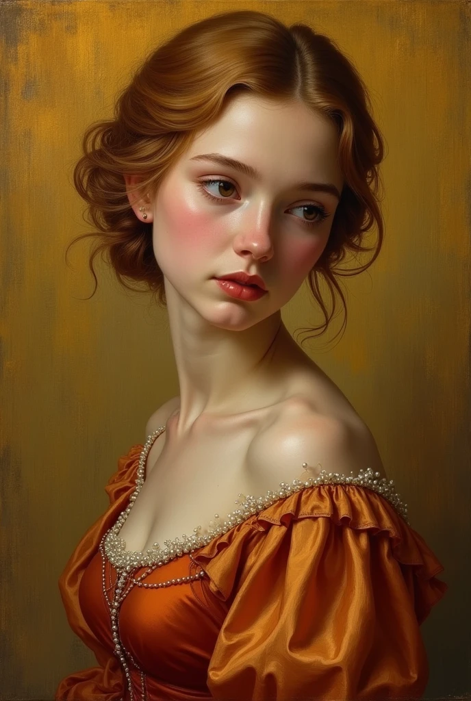 Create a Renaissance painting of how you imagine me using warm colors and a silk dress with pearls: I have eyes with a droopy shape and a dark brown color, very white skin, sharp, half-European nose, round face cheeks and thin chin with a dimple, wavy hair with a very yellowish and dark red color and a mouth with a well-defined Cupid's bow, small and a little fleshy and an eyebrow with few hairs and sparse. A slightly fat girl with a chubby eyelid. Smaller eyes and she is 1. She's ugly, horrible