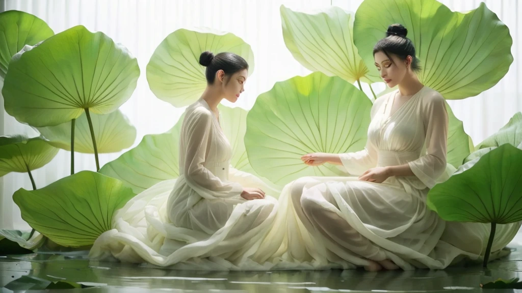 1 plus size women，独奏，Giant lotus leaf，Black Hair，dress，  
Looking at the audience，White dress，Hair Bun，Sitting，单Hair Bun，
Leaves，Long sleeve，lifelike，photography，Photorealism，