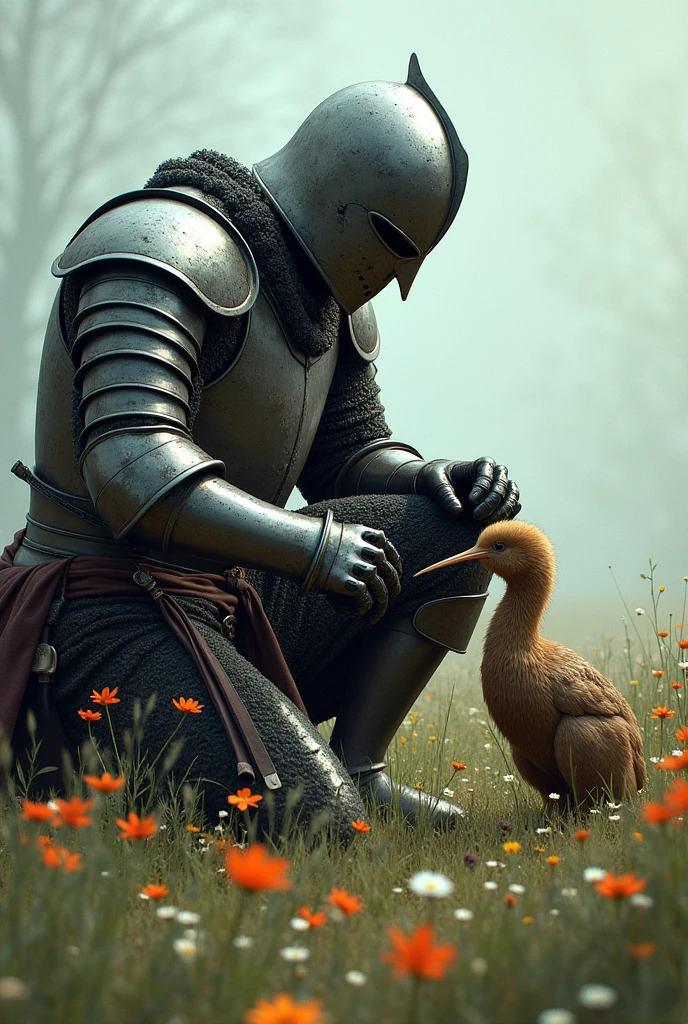 Medieval warrior with helmet covering his entire face (minute details in the armor which is of a general), on your knees and slightly crouched, leaning on his sword, watching a kiwi (the kiwi bird) and touching his head with the tips of his fingers of his left hand, that the warrior is in 3/4 in a field of flowers but in the middle of war (The image must be with a cold color palette)