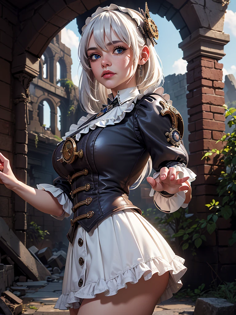 in the context of a fantastic steampunk city, (white lolita steampunk mini skirt :1.4) ,(miniskirt white Lolita sexy :1.4),(long white gray hair :1.4), expressive eyes, perfect face, dynamic scene, dynamic light, high quality, Digital paint, golden ratio, awarded, professional, Very detailed, Intricate, volumetric lighting, gorgeous, masterpiece, Sharp focus, depth of field, unreal engine, perfect composition, Digital art on Pixiv, art station, 32K, HdR, ,(Ruined dungeon ruins background:1.4 ), More detailed 8K.unreal engine:1.4,HD,La Best Quality:1.4, photorealistic:1.4, skin texture:1.4, masterpiece:1.8,masterpiece, Best Quality,object object], (detailed facial features:1.3),(The correct proportions),(Beautiful blue eyes),  (cowboy pose), (showing panties :1.4) 