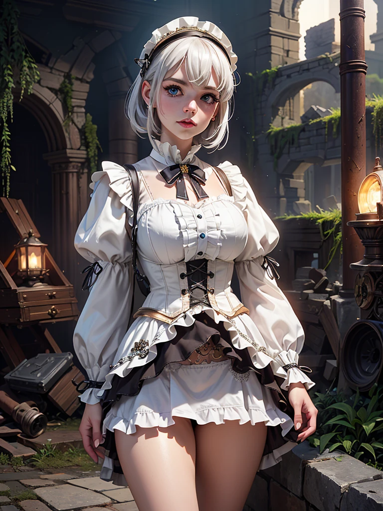 in the context of a fantastic steampunk city, (white lolita steampunk mini skirt :1.4) ,(miniskirt white Lolita sexy :1.4),(long white gray hair :1.4), expressive eyes, perfect face, dynamic scene, dynamic light, high quality, Digital paint, golden ratio, awarded, professional, Very detailed, Intricate, volumetric lighting, gorgeous, masterpiece, Sharp focus, depth of field, unreal engine, perfect composition, Digital art on Pixiv, art station, 32K, HdR, ,(Ruined dungeon ruins background:1.4 ), More detailed 8K.unreal engine:1.4,HD,La Best Quality:1.4, photorealistic:1.4, skin texture:1.4, masterpiece:1.8,masterpiece, Best Quality,object object], (detailed facial features:1.3),(The correct proportions),(Beautiful blue eyes),  (cowboy pose), (showing panties :1.4) 