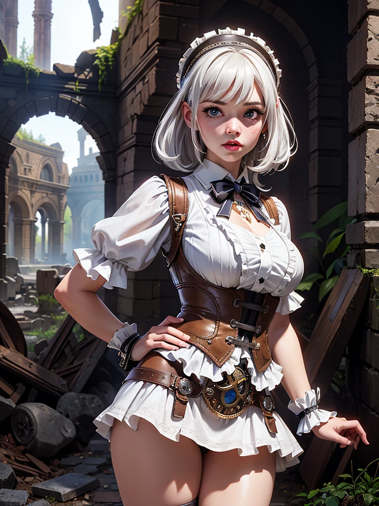 in the context of a fantastic steampunk city, (white ta steampunk mini skirt :1.4) ,(miniskirt white Loliexy :1.4),(long white gray hair :1.4), expressive eyes, perfect face, dynamic scene, dynamic light, high quality, Digital paint, golden ratio, awarded, professional, Very detailed, Intricate, volumetric lighting, gorgeous, masterpiece, Sharp focus, depth of field, unreal engine, perfect composition, Digital art on Pixiv, art station, 32K, HdR, ,(Ruined dungeon ruins background:1.4 ), More detailed 8K.unreal engine:1.4,HD,La Best Quality:1.4, photorealistic:1.4, skin texture:1.4, masterpiece:1.8,masterpiece, Best Quality,object object], (detailed facial features:1.3),(The correct proportions),(Beautiful blue eyes),  (cowboy pose), (showing panties :1.4) 
