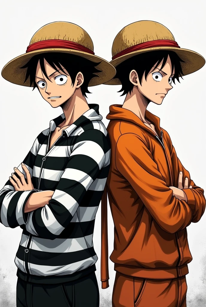 Monkey D. Luffy in a black and white striped long-sleeved prison uniform and Monkey D. .... Luffy in orange long sleeve prison uniform Original anime One Piece