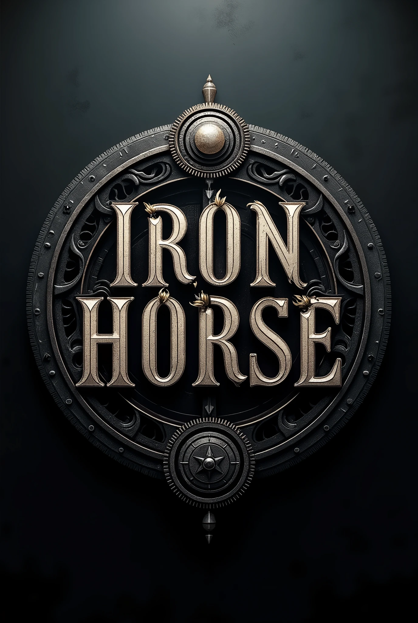 Old designed circular logo with title "IRON HORSE" with skull, wings, 1, fire, smoke, with several details and tracks something that reminds of speed, freedom, black and orange theme. "RIDE TO LIVE, LIVE TO RIDE".