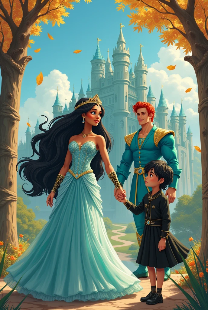Caramel-skinned princess with long black hair and vibrant blue eyes, dressed in a wedding dress and a turquoise crown, your hands are in iron gloves. Beside her is the king with long red hair, orange eyes and muscular. He wears a turquoise colored outfit. On the other side of her is a prince with long black hair., wearing black robes and smiling mischievously at the princess. In the background is a huge palace the color of turquoise and golden leaves fall from the clear blue sky. Both men hold their hands. There is a forest in the background with a huge golden tree shining. Realistic illustration like fairy tales.