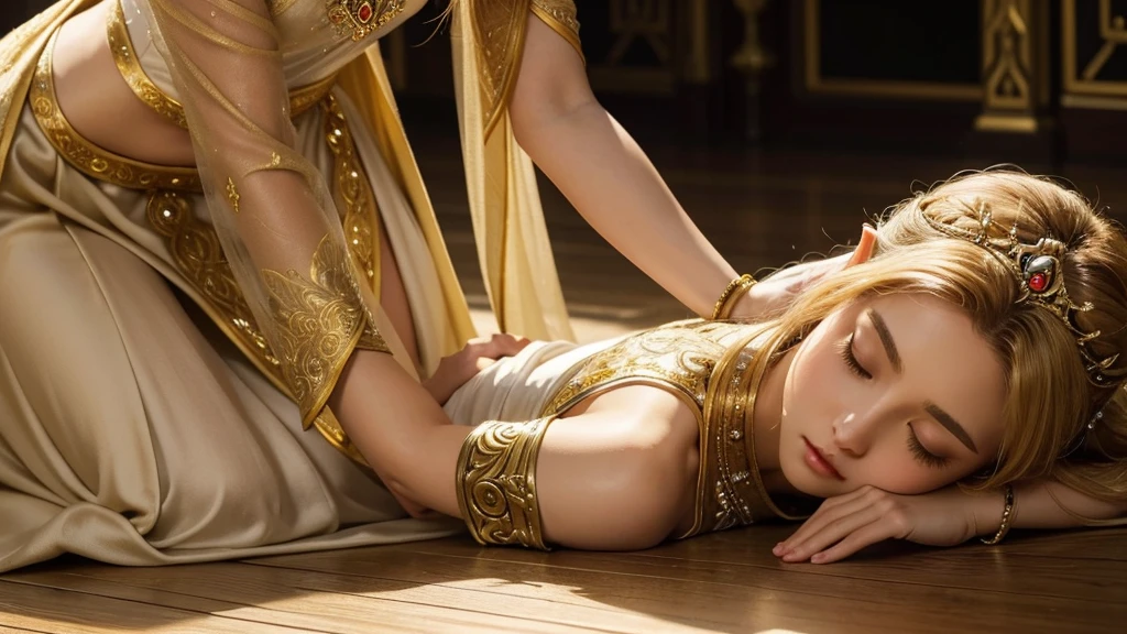 "Princess Zelda from The Legend of Zelda is depicted in a moment of deep prayer, kneeling gracefully on the ground. She rests both knees on the floor, her posture elegant yet humble. Zelda's hands are clasped tightly in front of her chest, fingers intertwined as if holding on to a deep resolve or hope. Her long, golden hair flows softly over her shoulders, partially covering her royal gown, which pools around her on the floor. The gown’s intricate golden embroidery catches the light, adding a touch of radiance to the otherwise solemn scene. Zelda's eyes are gently closed, her expression serene but focused, with a sense of urgency and devotion. Her face, framed by her delicate tiara, reflects a quiet strength as she silently offers her prayers. The atmosphere is one of profound reverence, as if she is drawing on her inner power and wisdom to protect those she cares for."