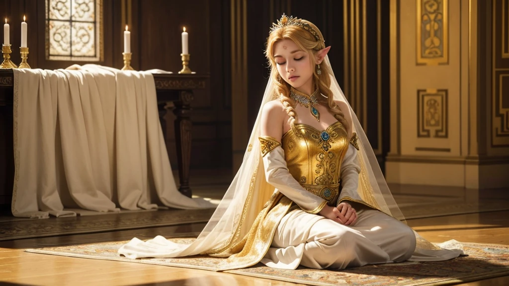 "Princess Zelda from The Legend of Zelda is depicted in a moment of deep prayer, kneeling gracefully on the ground. She rests both knees on the floor, her posture elegant yet humble. Zelda's hands are clasped tightly in front of her chest, fingers intertwined as if holding on to a deep resolve or hope. Her long, golden hair flows softly over her shoulders, partially covering her royal gown, which pools around her on the floor. The gown’s intricate golden embroidery catches the light, adding a touch of radiance to the otherwise solemn scene. Zelda's eyes are gently closed, her expression serene but focused, with a sense of urgency and devotion. Her face, framed by her delicate tiara, reflects a quiet strength as she silently offers her prayers. The atmosphere is one of profound reverence, as if she is drawing on her inner power and wisdom to protect those she cares for."