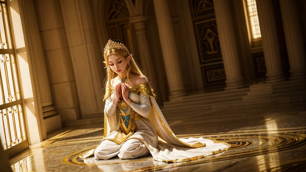 "Princess Zelda from The Legend of Zelda is depicted in a moment of deep prayer, kneeling gracefully on the ground. She rests both knees on the floor, her posture elegant yet humble. Zelda's hands are clasped tightly in front of her chest, fingers intertwined as if holding on to a deep resolve or hope. Her long, golden hair flows softly over her shoulders, partially covering her royal gown, which pools around her on the floor. The gown’s intricate golden embroidery catches the light, adding a touch of radiance to the otherwise solemn scene. Zelda's eyes are gently closed, her expression serene but focused, with a sense of urgency and devotion. Her face, framed by her delicate tiara, reflects a quiet strength as she silently offers her prayers. The atmosphere is one of profound reverence, as if she is drawing on her inner power and wisdom to protect those she cares for."
