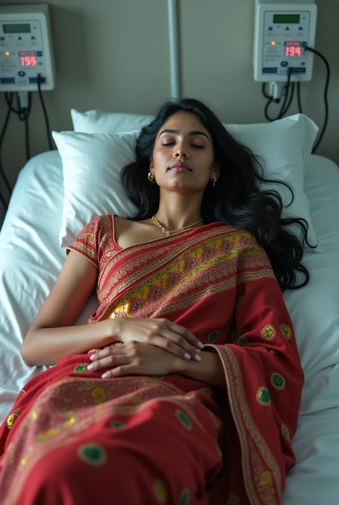 Akshra in saree layed on examination bed an conected with ecg machin