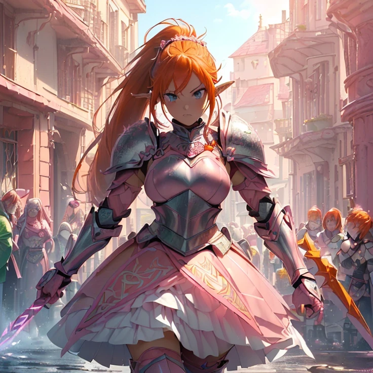 (masterpiece), (best quality), (detailed character and features), (HD), (high resolution), (solo, alone character), (fantasy), (simple background), (anime)
{{(1character:(20 years old(orange-red haired)Elf-Girl(pink-armor-knight)):((reddish-orange hair tied in a left ponytail with two white flowers),(beautiful light-blue eyes),(orange-reddish eyebrows),(serious and imponent),(closed mouth), (white flower at side of hair over the left ponytail),(body full covered and armored in full knight pink armor)),((full Pink knight armor:(pink pink steel full knight cuirass),(pink pink gauntlets),(pink pink steel pink knight skirt),(pink pink steel belly pink armor),(pink shoulder pink armor pink plates),(pink steel pink armor pink long pink boots),(pink steel pink armor pink knee-plates),(pink steel pink elbow pink plates),(silver tiara up her head around the hair)),((holding with her left hand a long steel silver spear)),((Background:(viking styled city street),(sunny morning),((yellow, white, red, blue, green, stone viking houses) around the streets)))}}