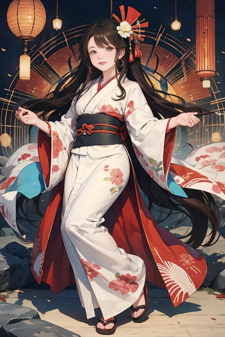 (SeaArt creates stunning illustrations of beautiful women in kimono)、Vividly colored Japanese Ukiyo-e style illustrations、A beautiful woman smiles and shows her upper white teeth、Brown-black long hair、Beautiful full body style、Let's dance a little Tokyo Ondo Yoiyoi、Beautiful new digital paintings,、Bright vibrant digital anime art、 Beautiful anime portraits、background、Torii gate of the Japan shrine、 Detailed digital anime art、